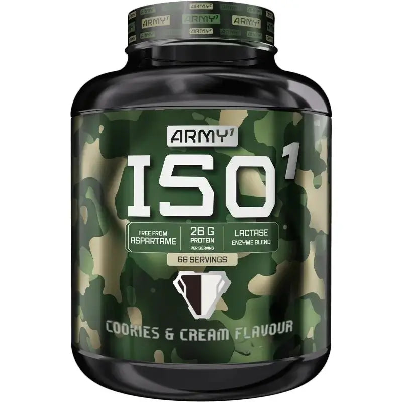 ISO 1 2000g Cookies & Cream Army1 – Saveur gourmande, sans sucres ajoutés, parfaite pour un développement musculaire efficace.