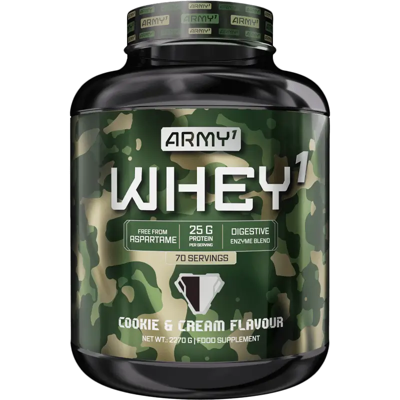 ARMY1 WHEY 1 Cookies & Cream - Protéine de lactosérum 2,270 kg, une texture gourmande pour une prise de masse optimale.